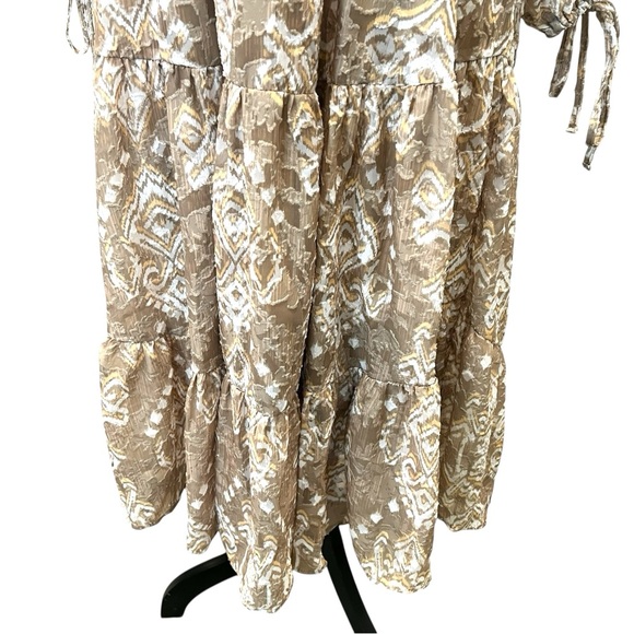 Cupio Boho Smocked Ikat Midi Dress Tiered Flowy V Neck Brown Tan XL NWT - Picture 9 of 16
